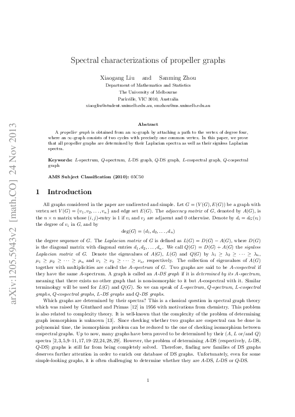 (PDF) Spectral characterizations of propeller graphs
