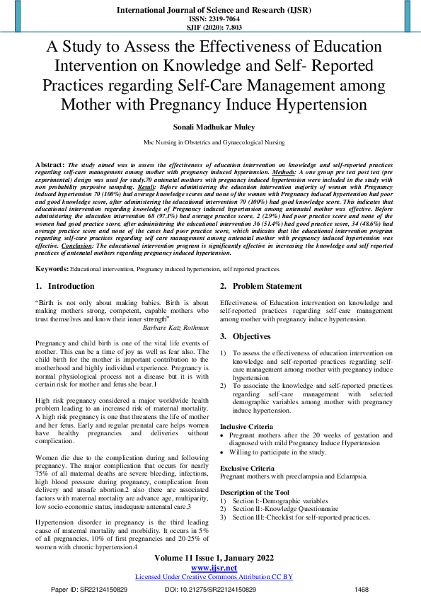 (PDF) A Study to Assess the Effectiveness of Education Intervention on ...