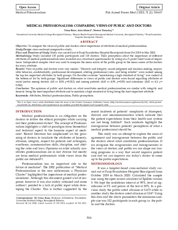 (PDF) Medical Prfessionalism: Comparing Views of Public and Doctors