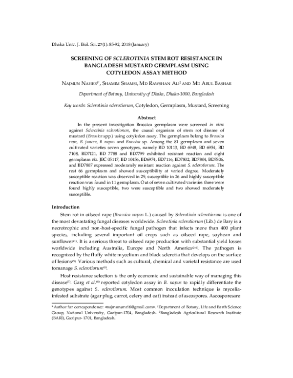 (PDF) Screening of Sclerotinia stem rot resistance in Bangladesh ...