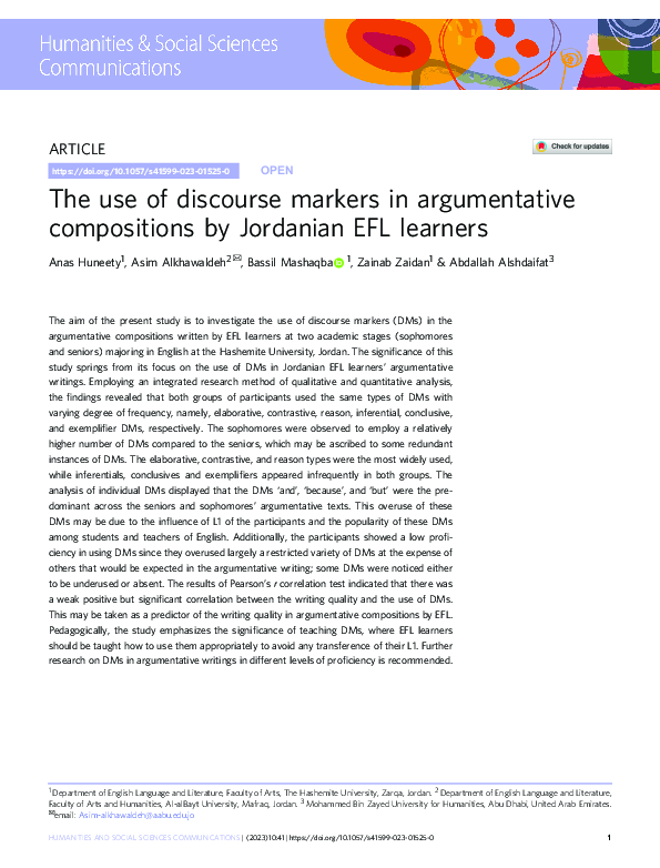 (PDF) The use of discourse markers in argumentative compositions by ...