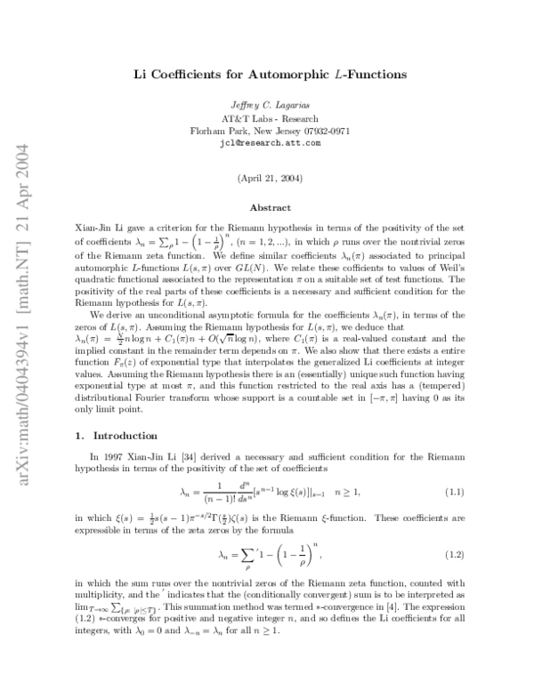 (PDF) 2 1 A pr 2 00 4 Li Coefficients for Automorphic L-Functions