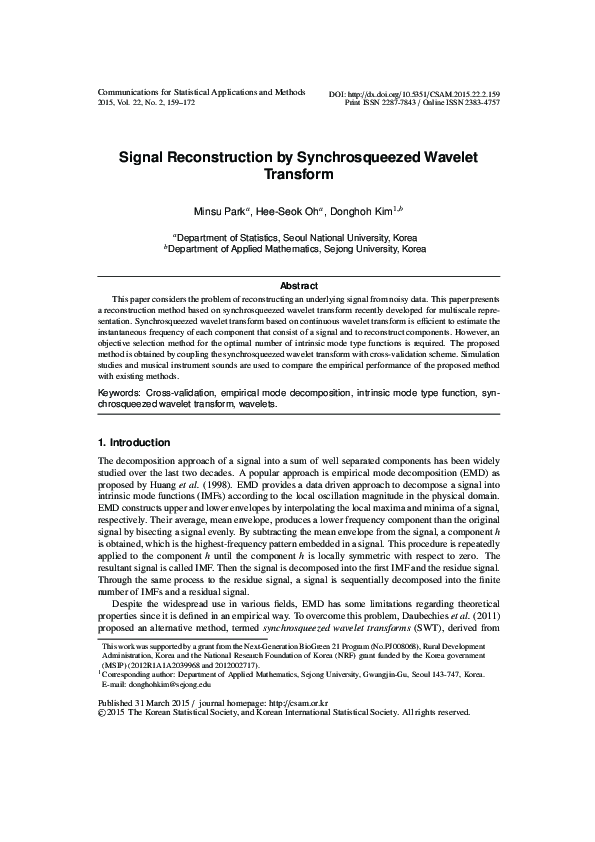 (PDF) Signal Reconstruction by Synchrosqueezed Wavelet Transform