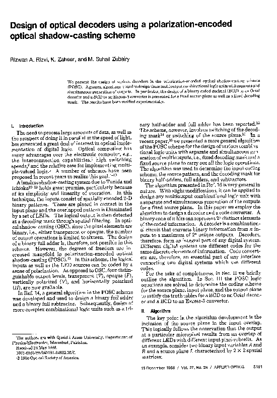 (PDF) Design of optical decoders using a polarization-encoded optical ...