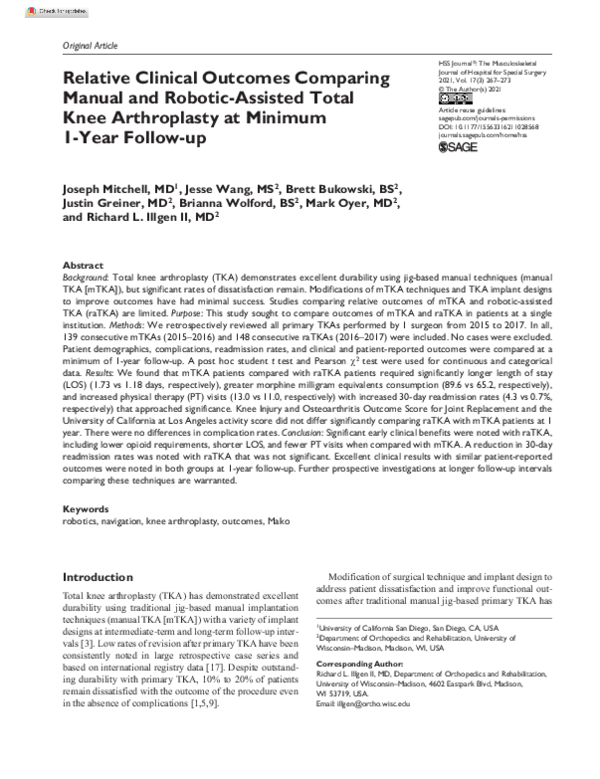 (PDF) Relative Clinical Outcomes Comparing Manual and Robotic-Assisted ...