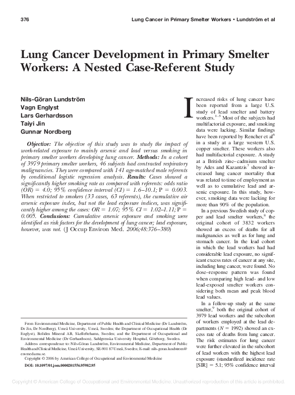(PDF) Lung Cancer Development in Primary Smelter Workers A Nested Case