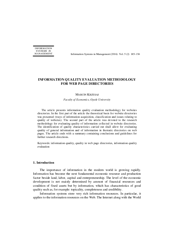 (PDF) Information Quality Evaluation Methodology for Web Page Directories