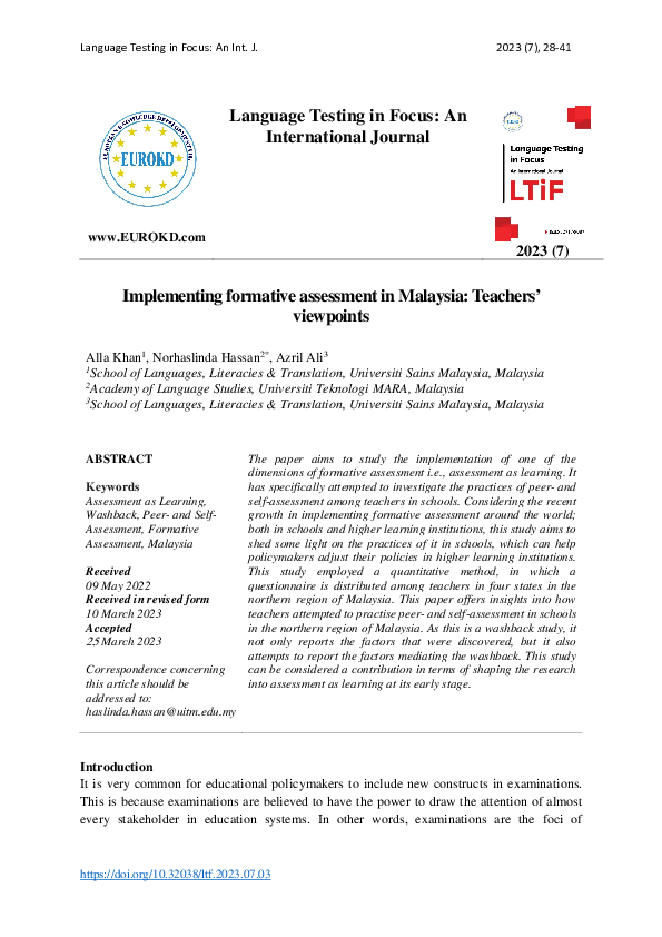 (PDF) Implementing formative assessment in Malaysia: Teachers’ viewpoints