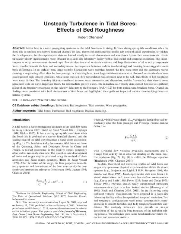 (PDF) Unsteady Turbulence in Tidal Bores: Effects of Bed Roughness