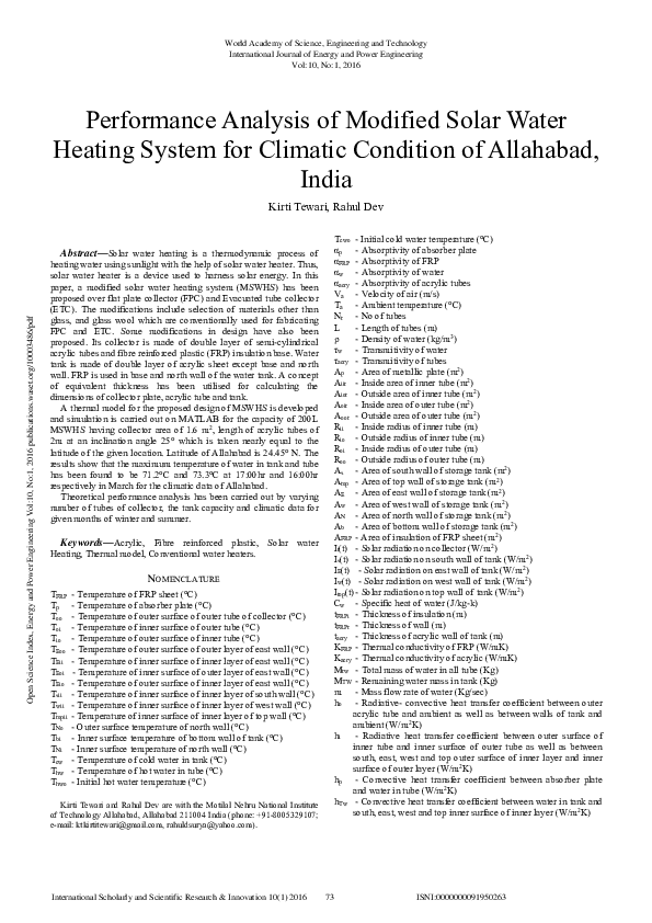 (PDF) Performance Analysis Of Modified Solar Water Heating System For ...