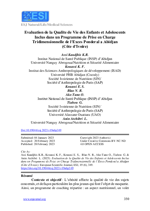 Evaluation de la Qualite de Vie des Enfants et Adolescents Inclus dans un Programme de Prise en Charge Tridimensionnelle de l’Exces Ponderal a Abidjan (Côte d’Ivoire)