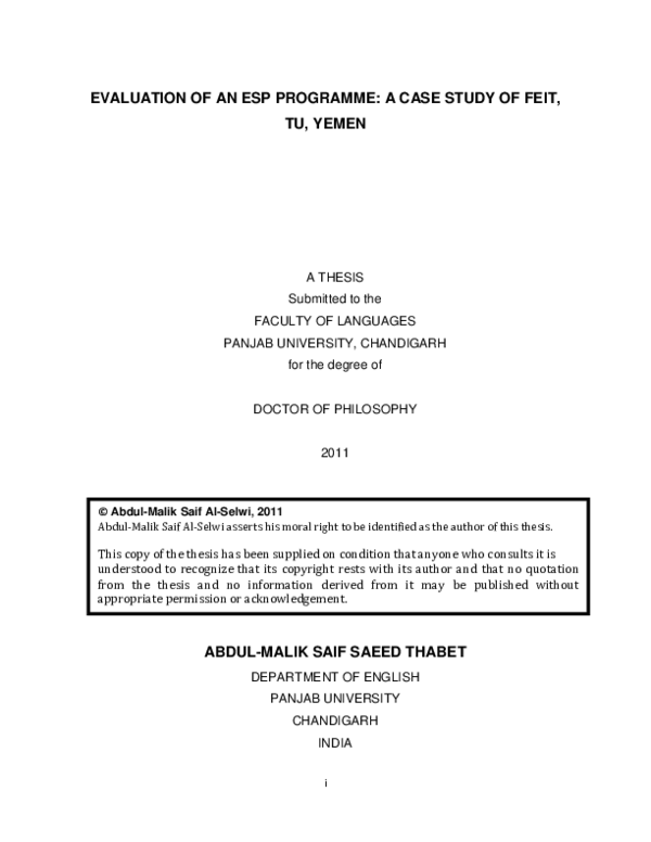 (PDF) EVALUATION OF AN ESP PROGRAMME: A CASE STUDY OF FEIT, TU, Yemen