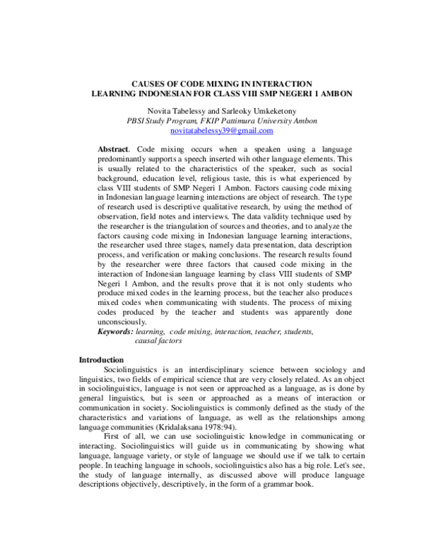 (PDF) Causes of Code Mixing in Interaction Learning Indonesian for ...