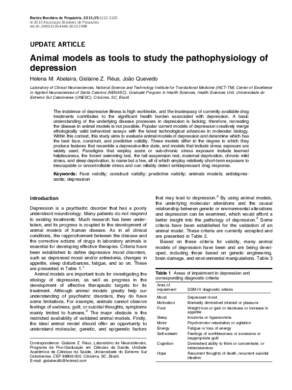 (PDF) Animal models as tools to study the pathophysiology of depression