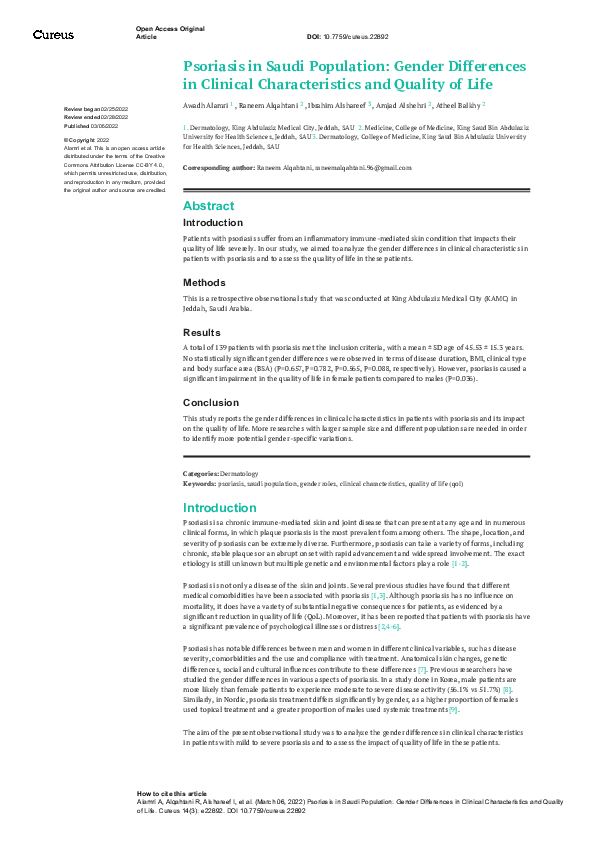 (PDF) Psoriasis in Saudi Population: Gender Differences in Clinical ...