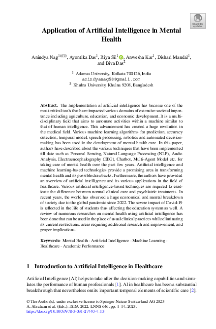 (PDF) Application of Artificial Intelligence in Mental Health