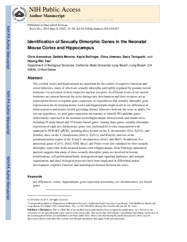 (PDF) Identification of sexually dimorphic genes in the neonatal mouse ...