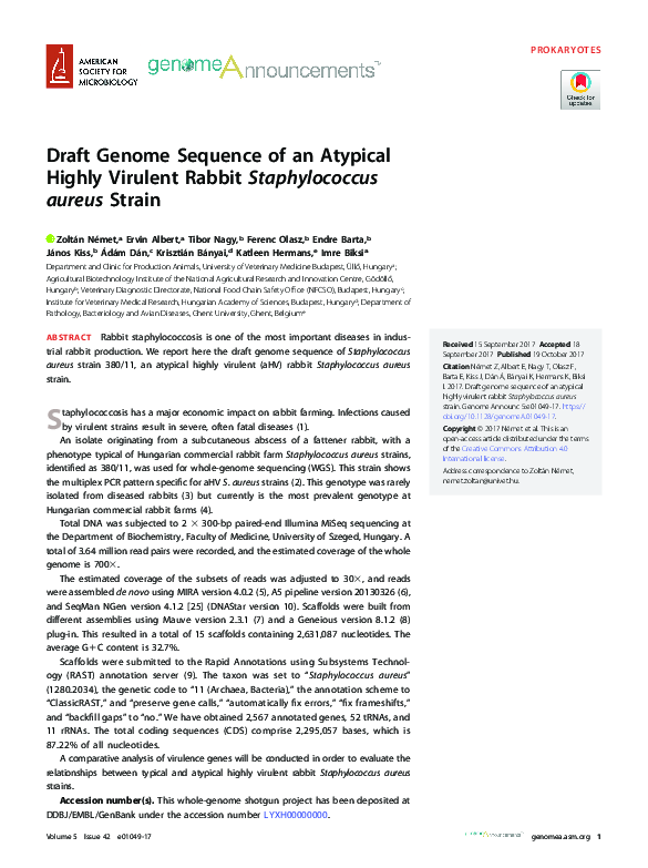 (PDF) Draft Genome Sequence of an Atypical Highly Virulent Rabbit ...