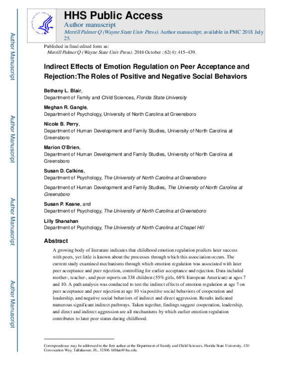(PDF) Indirect Effects of Emotion Regulation on Peer Acceptance and ...