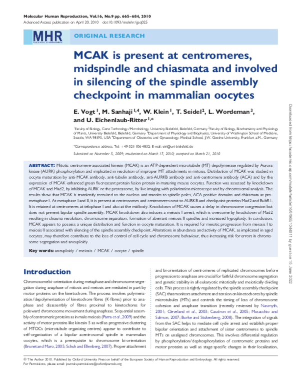 (PDF) MCAK is present at centromeres, midspindle and chiasmata and ...
