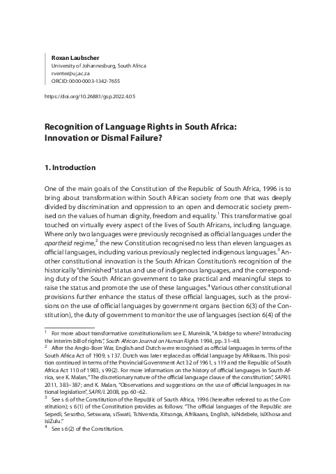 (PDF) Recognition of Language Rights in South Africa: Innovation or ...