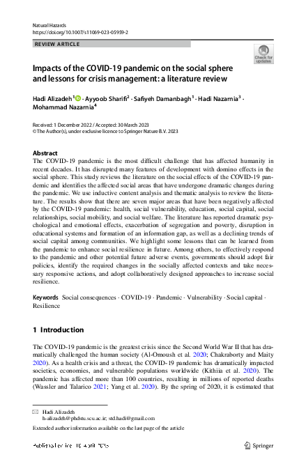 (PDF) Impacts of the COVID-19 pandemic on the social sphere and lessons ...