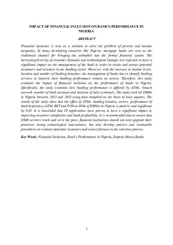 (DOC) IMPACT OF FINANCIAL INCLUSION ON BANK'S PERFORMANCE IN NIGERIA