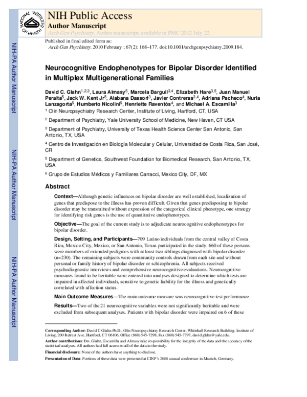 (PDF) Neurocognitive Endophenotypes for Bipolar Disorder Identified in ...