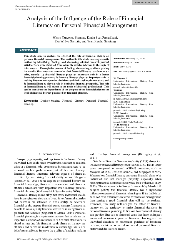 (PDF) Analysis of the Influence of the Role of Financial Literacy on ...