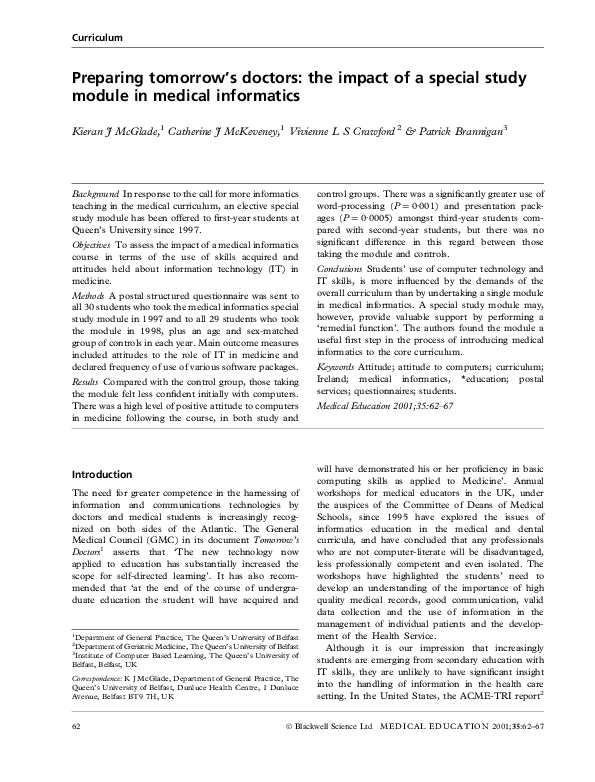 (PDF) Preparing tomorrow's doctors: the impact of a special study ...