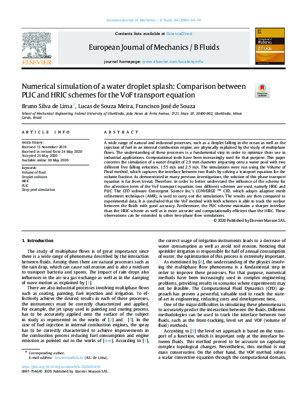 (PDF) Numerical simulation of a water droplet splash: Comparison ...