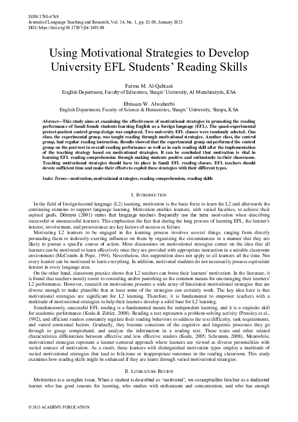 Pdf Using Motivational Strategies To Develop University Efl Students