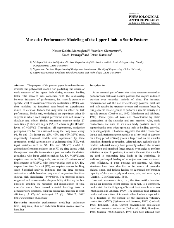 (PDF) Muscular Performance Modeling of the Upper Limb in Static Postures