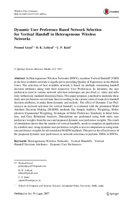 Image result for (PDF) Dynamic User Preference Based Network Selection for Vertical ...