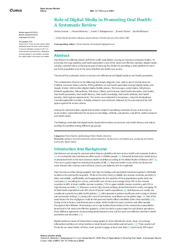 (PDF) Role of Digital Media in Promoting Oral Health: A Systematic Review