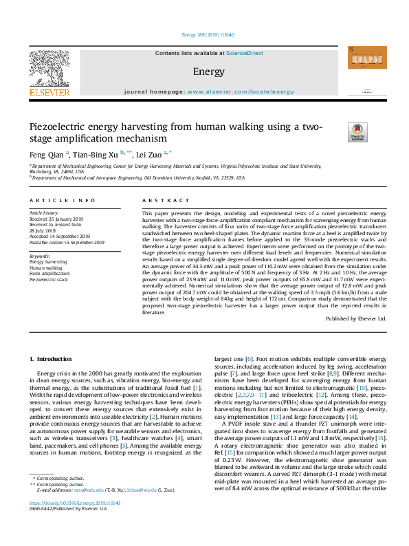 (PDF) Piezoelectric energy harvesting from human walking using a two ...