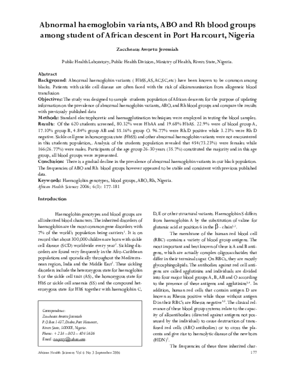 (PDF) Abnormal haemoglobin variants, ABO and Rh blood groups among ...