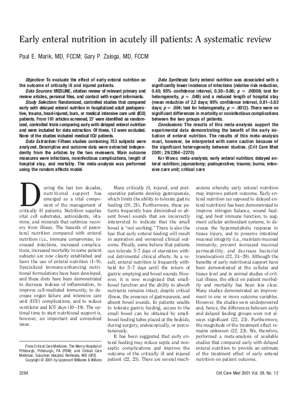 (PDF) Early enteral nutrition in acutely ill patients: A systematic review