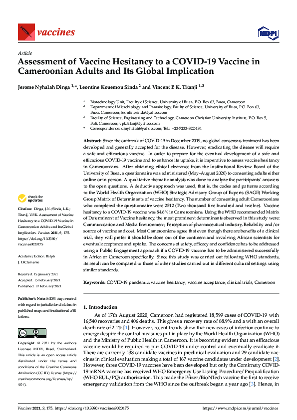 (PDF) Assessment of Vaccine Hesitancy to a COVID-19 Vaccine in ...