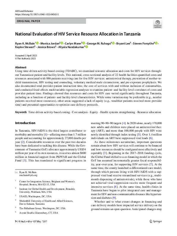 (PDF) National Evaluation of HIV Service Resource Allocation in Tanzania