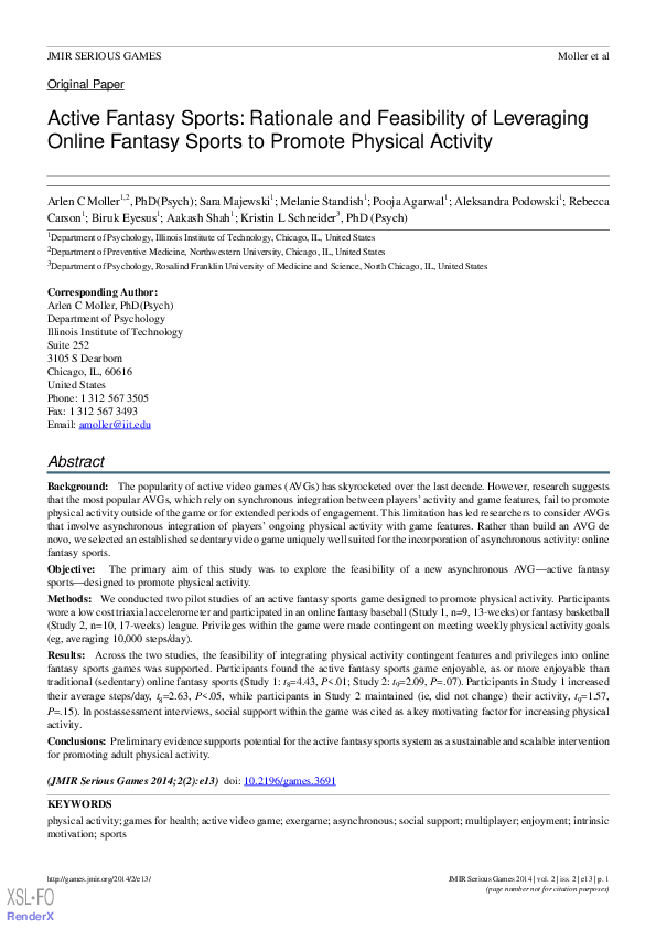 (PDF) Active Fantasy Sports: Rationale and Feasibility of Leveraging ...