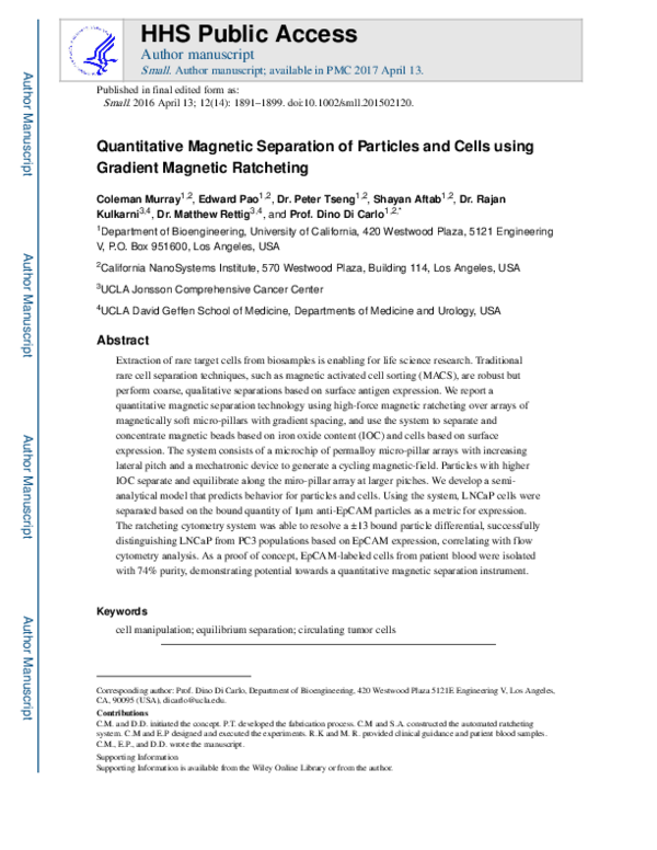 (PDF) Quantitative Magnetic Separation of Particles and Cells Using ...