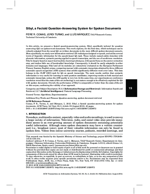 (PDF) Sibyl, a factoid question-answering system for spoken documents