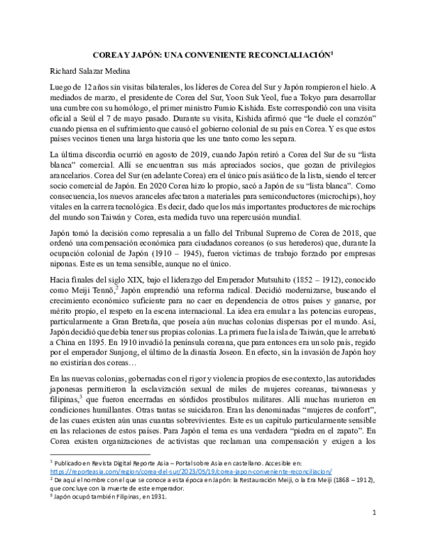 (PDF) COREA y JAPON: UNA CONVENIENTE RECONCILIACION