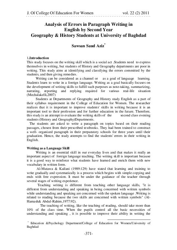 (PDF) Analysis of Errors in Paragraph Writing in English by Second Year ...