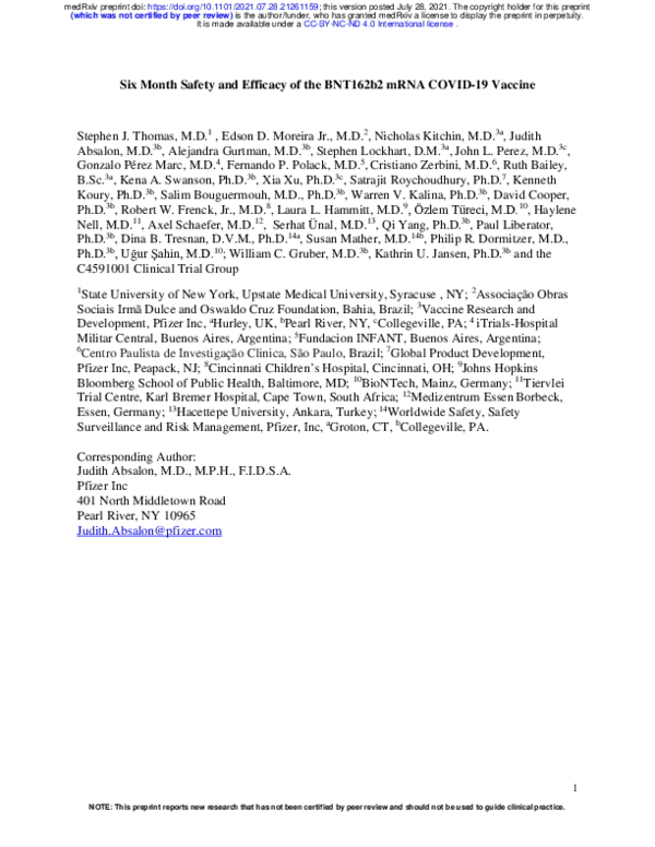 (PDF) Six Month Safety and Efficacy of the BNT162b2 mRNA COVID-19 Vaccine