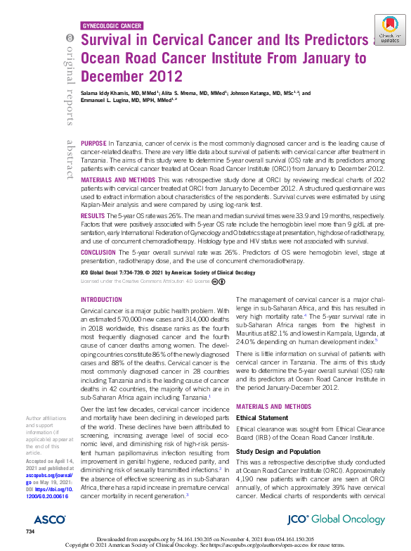 (PDF) Survival in Cervical Cancer and Its Predictors at Ocean Road ...
