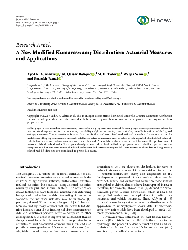 (PDF) A New Modified Kumaraswamy Distribution: Actuarial Measures and ...