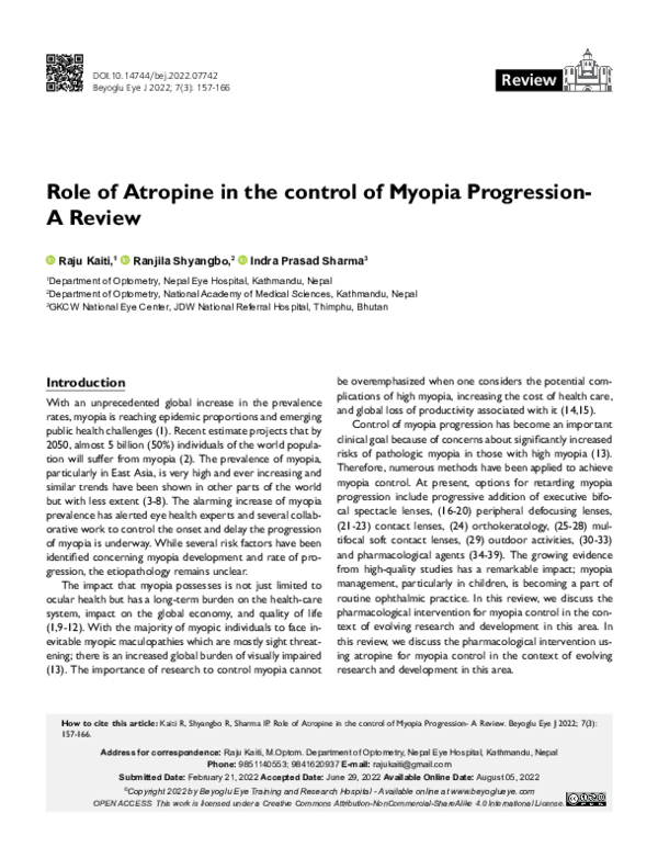 (PDF) Role of Atropine in the control of Myopia Progression- A Review