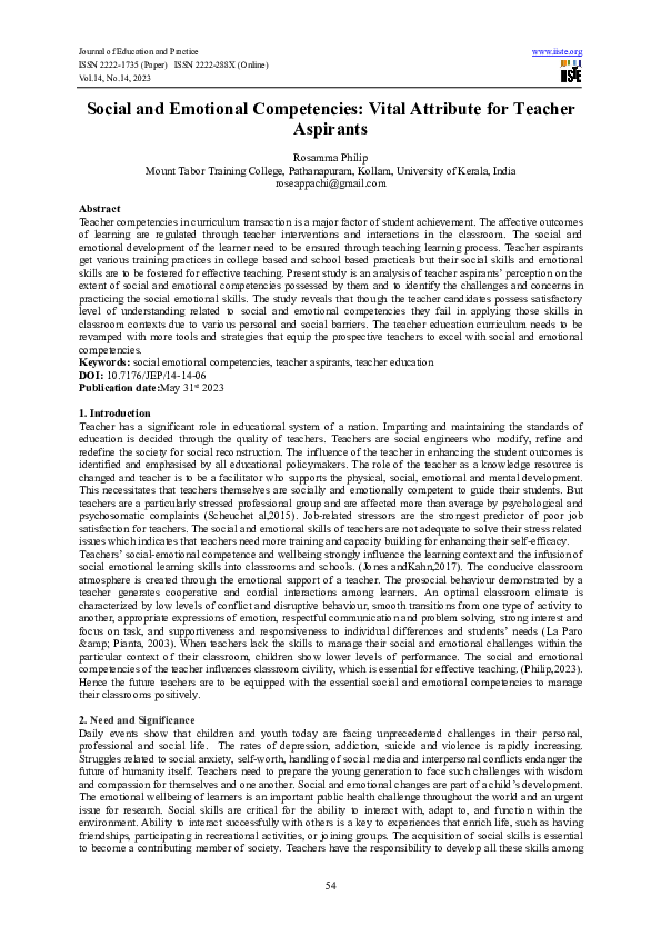 (PDF) Social and Emotional Competencies: Vital Attribute for Teacher ...
